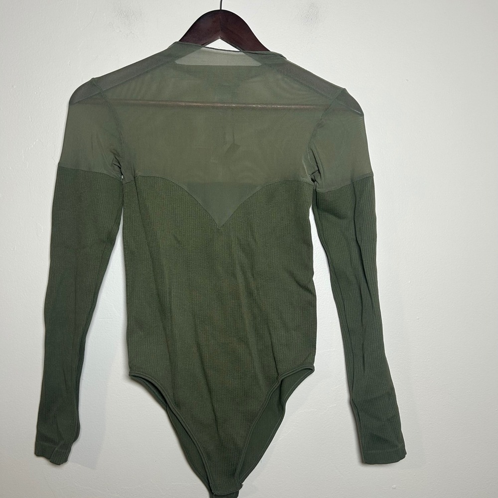 NWT Zara Mesh Paneled Ribbed Bodysuit Long Sleeve Olive Green‎ Womens XS